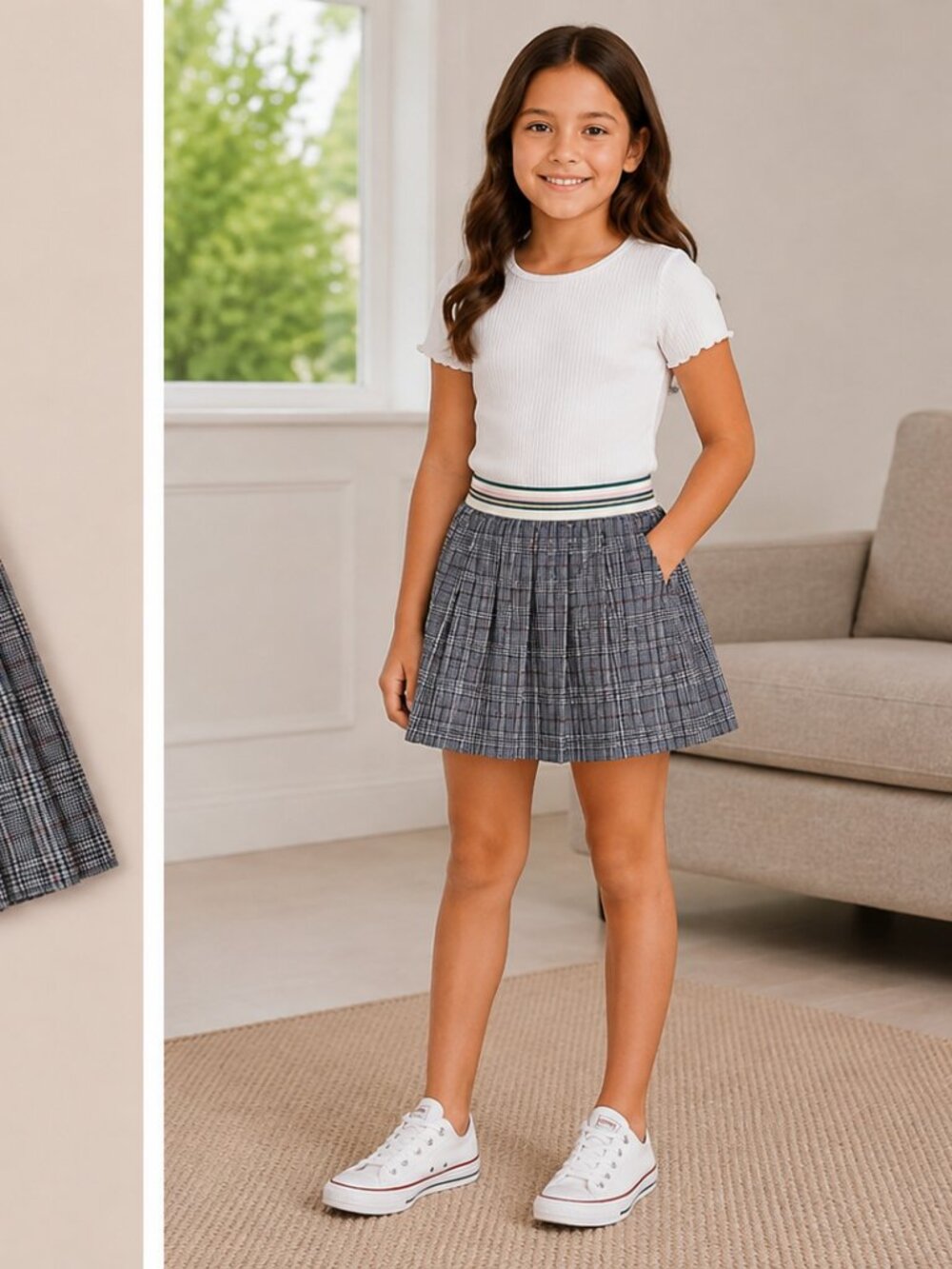 Palomino Girls Gray Plaid Pleated Skirt Size 5/6 Striped Waistband Like New